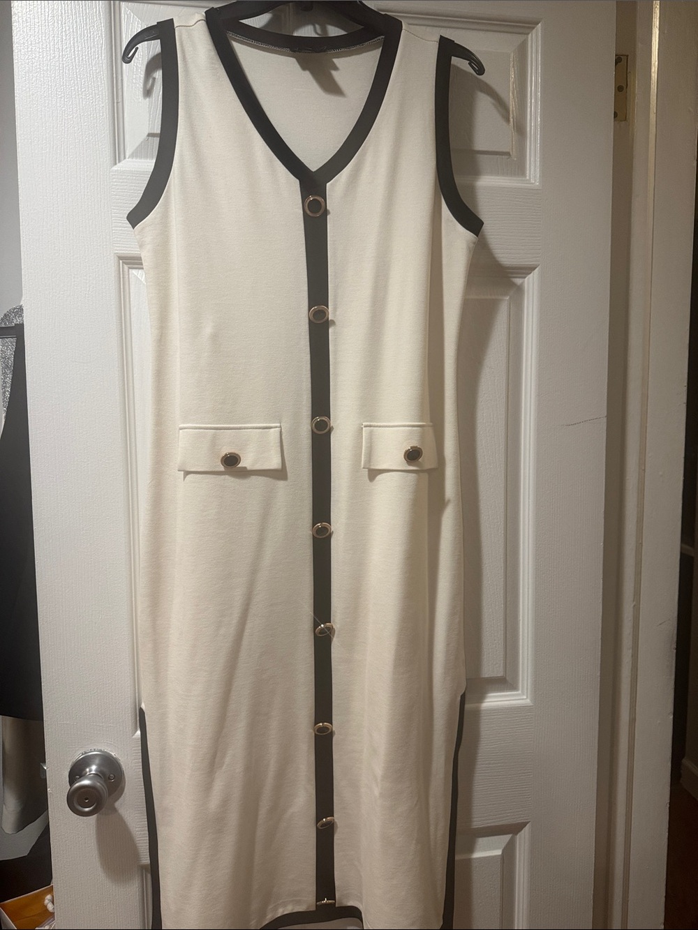 Nicole Miller Cream Midi Shift Dress with Black Trim